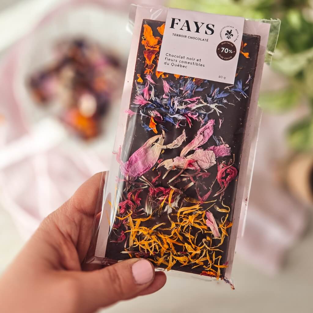 Tablette chocolat noir et fleurs du Québec - Fetes Grenadine